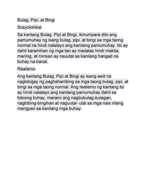 Read the complete lyrics of Bulag Pipi Bingi by Noel Cabangon on Rockol. . Pagsusuri sa kantang bulag pipi at bingi